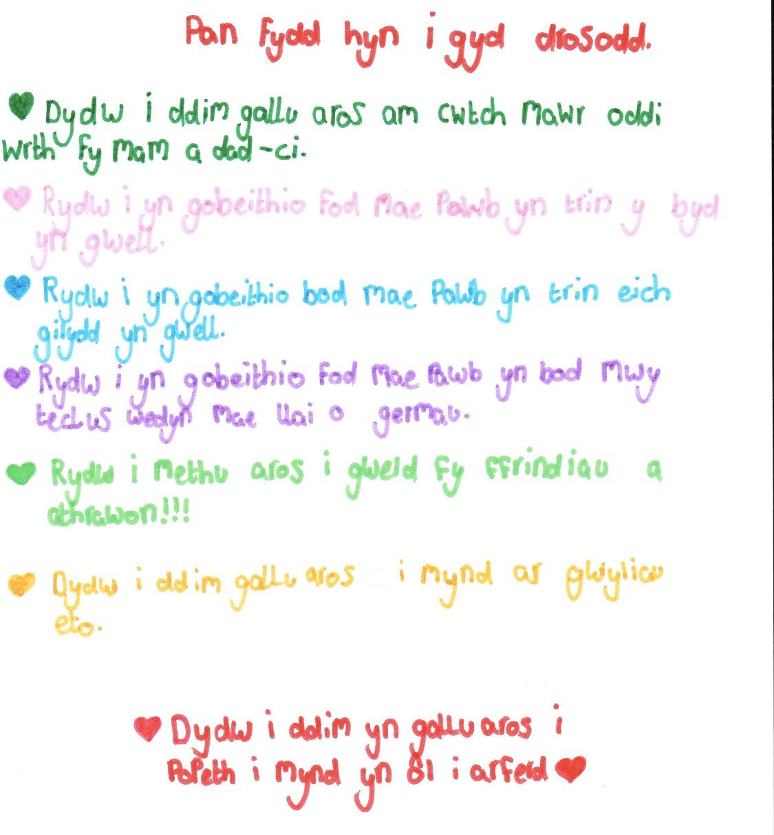 Dyma sut mae Caitlin o Ysgol Gymraeg Casnewydd yn gweld y byd wedi Covid-19.