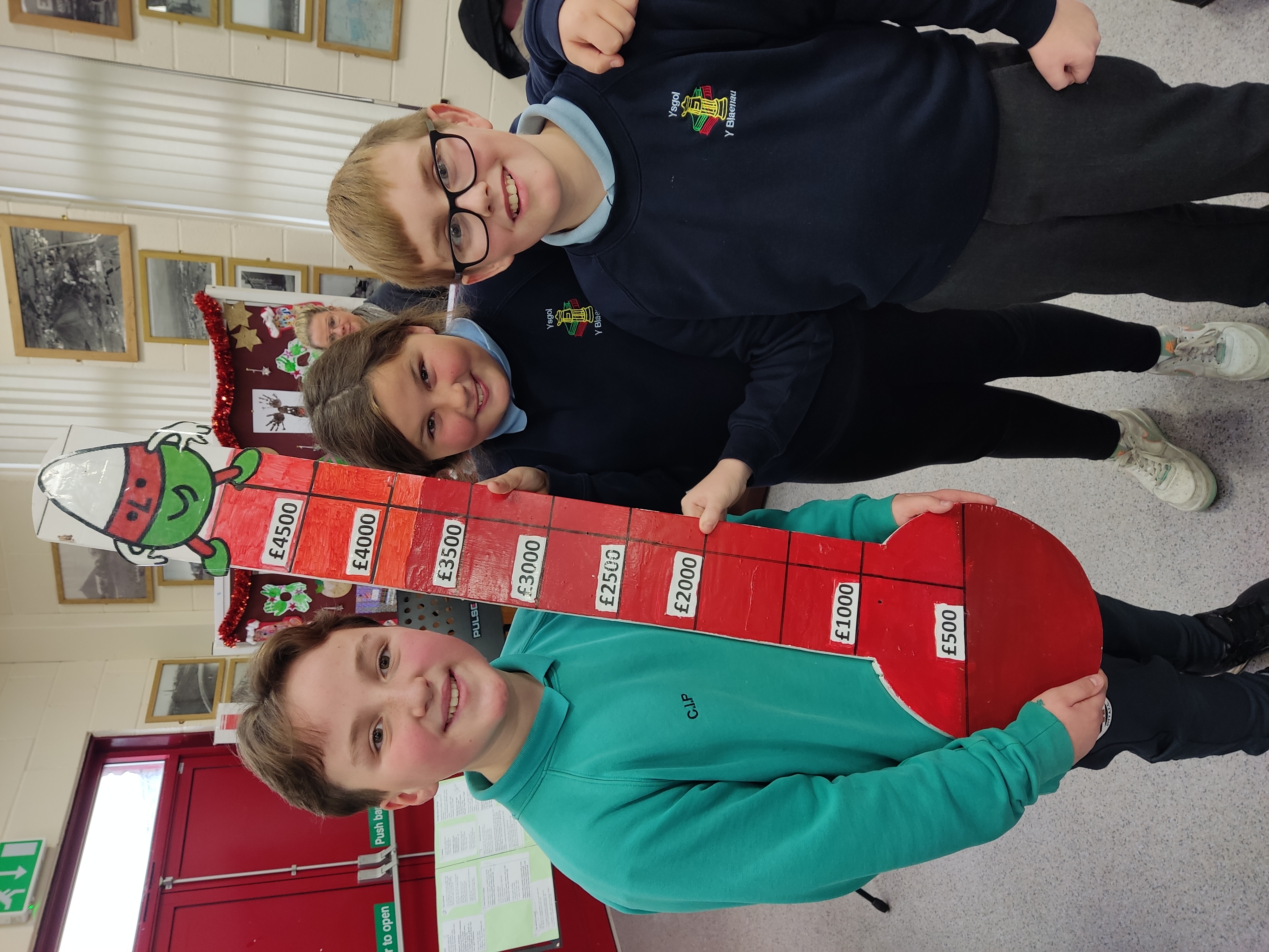 Bu Caleb a’i ffrindiau yn brysur yn cymryd rhan mewn Cyngerdd Nadolig oedd yn codi arian at Eisteddfod 2023. Roedd y disgyblion wedi mwynhau lliwio’r coch i mewn ar y thermomedr oedd yn dangos eu cynydd – mae nhw bellach wedi cyrraedd eu targed o £5,000! 